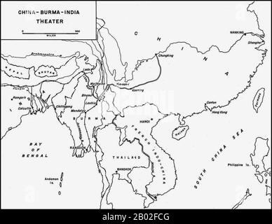 China Burma India Theatre (CBI) war die Bezeichnung, die von der United States Army für ihre Streitkräfte verwendet wurde, die im zweiten Weltkrieg zusammen mit den britischen und chinesischen alliierten Luft- und Landstreitkräften in China, Birma und Indien tätig waren Zu den bekannten US-Einheiten in diesem Theater gehörten die Flying Tigers, Transport- und Bombereinheiten, die den Hump fliegen, die 1st Air Commando Group, die Ingenieure, die Ledo Road gebaut haben, und die 5307th Composite Unit (Provisional), die ansonsten als Merrill's Marauders bekannt war. Stockfoto