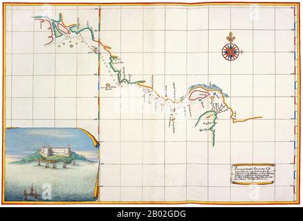 Der Atlas Maior ist die endgültige Fassung des Atlases von Joan Blaeu, der zwischen 1662 und 1672 in Amsterdam in lateinischer (11 Bände), französischer (12 Bände), niederländischer (9 Bände), deutscher (10 Bände) und spanischer (10 Bände) veröffentlicht wurde und 594 Karten und rund 3000 Seiten Text enthält. Es war das größte und teuerste Buch, das im siebzehnten Jahrhundert veröffentlicht wurde. Früher erschienen ab 1634 wesentlich kleinere Versionen mit dem Titel Theatrum Orbis Terrarum, sive, Atlas Novus. Stockfoto