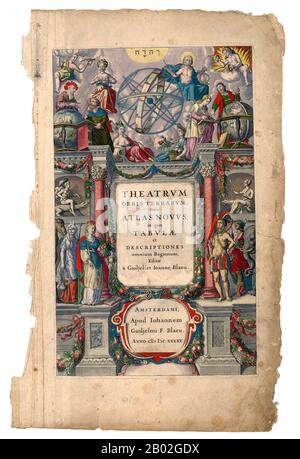 Niederlande: Frontispiece des Atlas Blaeu von Johannes Blaeu, Amsterdam, 1645. Der Atlas Maior ist die endgültige Version von Joan Blaeus atlas, der zwischen 1662 und 1672 in Amsterdam veröffentlicht wurde, in lateinischer Sprache (11 Bände), französischer Sprache (12 Bände), niederländischer Sprache (9 Bände), deutscher Sprache (10 Bände) und spanischer Sprache (10 Bände), mit 594 Karten und rund 3000 Seiten Text. Es war das größte und teuerste Buch des 17. Jahrhunderts. Früher erschienen ab 1634 wesentlich kleinere Versionen mit dem Titel Theatrum Orbis Terrarum, sive, Atlas Novus. Stockfoto