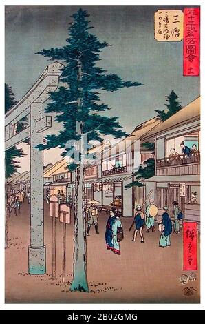 Utagawa Hiroshige (歌川 広重, * um die Welt der Künstler) (* um die Welt der  ; † 12. Oktober 1858) war ein japanischer Ukiyo-e-Künstler und einer der letzten großen Künstler dieser Tradition. Er wurde auch als Andō Hiroshige (安藤 広重) (eine unregelmäßige Kombination aus Familiennamen und Kunstnamen) und mit dem Kunstnamen Ichiyūsai Hiroshige (一幽斎廣重) bezeichnet. Die Tōkaidō (東海道 Ostseestraße) war die wichtigste der Fünf Routen der Edo-Zeit, die Edo (das heutige Tokio) mit Kyoto in Japan verband. Im Gegensatz zum landeinwärts gelegenen und weniger stark befahrenen Nakasendō reiste der Tōkaidō entlang der Meeresküste des östlichen Honshū, daher der Name der Route. Stockfoto