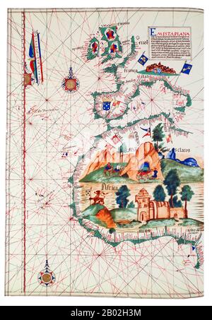 Portugal/Westafrika: Karte von Westafrika. Die große Burg in Westafrika stellt die befestigte Fabrik São Jorge da Mina (Burg Elmina) dar. Seekarte von Lázaro Luís, 1563. Der portugiesische Entdecker Prinz Henry, bekannt als der Navigator, war der erste Europäer, der Afrika und die ozeanische Route nach Indien methodisch erforschte. Von seinem Wohnsitz in der Algarve im Süden Portugals aus leitete er mehrere Expeditionen, um Afrika zu umrunden und Indien zu erreichen. 1420 schickte Heinrich eine Expedition, um die unbewohnte, aber strategisch wichtige Insel Madeira zu sichern. Stockfoto