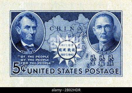 Sun Yat-sen, Gründungsvater der Republik China, erscheint mit Abraham Lincoln auf einer Briefmarke von 1942. Sun Yat-sens "Drei Prinzipien" (Nationalismus, Demokratie und Lebensgrundlage Der Menschen) spiegeln ein Konzept wider, das er von der Adresse Gettysburg in Lincoln bewundert hat: "Des Volkes, des Volkes und des Volkes". Stockfoto