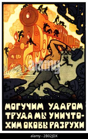 Die Russische Revolution ist der Sammelbegriff für eine Reihe von Revolutionen in Russland im Jahr 1917, die die zaristische Autokratie abbauten und zur Entstehung der Russischen SFSR führten. Der Zar wurde zur Abdankung gezwungen, und das alte Regime wurde während der ersten Revolution vom Februar 1917 (März im gregorianischen Kalender; der ältere julianische Kalender war damals in Russland in Gebrauch) durch eine provisorische Regierung ersetzt. In der zweiten Revolution im Oktober wurde die Provisorische Regierung abgesetzt und durch eine bolschewistische (kommunistische) Regierung ersetzt. Stockfoto