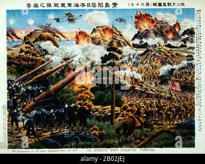 Die Belagerung von Tsingtao war der Angriff auf den deutsch kontrollierten Hafen von Tsingtao (heute Qingdao) in China während des ersten Weltkriegs durch das Kaiserliche Japan und Großbritannien. Sie fand zwischen dem 31. Oktober und dem 7. November 1914 statt und wurde vom Kaiserlichen Japan und dem Vereinigten Königreich gegen Deutschland gekämpft. Es war die erste Begegnung zwischen japanischen und deutschen Streitkräften und auch die erste britisch-japanische Operation während des Krieges. Stockfoto