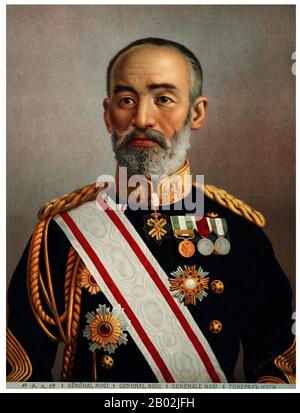 Count Nogi Maresuke, GCB (乃木 希典), auch Kiten genannt. Graf Nogi, (25. Dezember 1849-13. September 1912) war ein General in der Kaiserlich japanischen Armee und Gouverneur von Taiwan. Er war einer der Kommandeure während der Einnahme von Port Arthur aus China von 1894 und des anschließenden Massakers an Tausenden von chinesischen Zivilisten. Er war eine prominente Persönlichkeit im russisch-japanischen Krieg von 1904-5, als Befehlshaber der Truppen, die Port Arthur von den Russen gefangen nahmen. Er war ein Nationalhelden im kaiserlichen Japan als Vorbild feudaler Loyalität und Selbstaufopferung, letztlich bis zum Punkt des Selbstmords. Im Satsuma Rebel Stockfoto