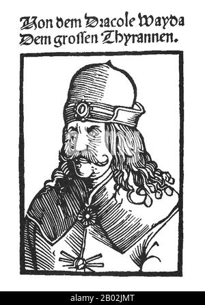 Vlad III., Fürst von Walachia (1431-1476/77), war Mitglied des Hauses Drăculești, einer auch unter Verwendung seines Patronyms bekannten Filiale des Hauses Basarab, als (Vlad) Drăculea oder (Vlad) Dracula. Er wurde posthum Vlad the Impaler (rumänisch: Vlad Țepeș) genannt und war ein dreimaliger Voivode der Walachia, der hauptsächlich von 1456 bis 1462, der Zeit der beginnenden Eroberung des Balkans durch die Osmaner, regierte. Sein Vater, Vlad II Dracul, war Mitglied des Drachenordens, der zum Schutz des Christentums in Osteuropa gegründet wurde. Vlad III. Wird in Rumänien wie auch in anderen Teilen o als Volkshelden verehrt Stockfoto