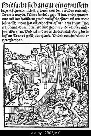 Vlad III., Fürst von Walachia (1431-1476/77), war Mitglied des Hauses Drăculești, einer auch unter Verwendung seines Patronyms bekannten Filiale des Hauses Basarab, als (Vlad) Drăculea oder (Vlad) Dracula. Er wurde posthum Vlad the Impaler (rumänisch: Vlad Țepeș) genannt und war ein dreimaliger Voivode der Walachia, der hauptsächlich von 1456 bis 1462, der Zeit der beginnenden Eroberung des Balkans durch die Osmaner, regierte. Sein Vater, Vlad II Dracul, war Mitglied des Drachenordens, der zum Schutz des Christentums in Osteuropa gegründet wurde. Vlad III. Wird in Rumänien wie auch in anderen Teilen o als Volkshelden verehrt Stockfoto