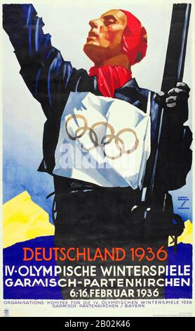 Deutschland: Plakat für die Olympischen Winterspiele 1936, Deutschland, von Ludwig Hohlwein (26. Juli 1874 - 15. September 1949), 1934. Die Olympischen Winterspiele 1936, offiziell bekannt als die IV. Olympischen Winterspiele und allgemein bekannt als Garmisch-Partenkirchen 1936, fanden in der Marktgemeinde Garmisch-Partenkirchen vom 6. bis 16. Februar 1936 statt. Deutschland war auch Gastgeber der Olympischen Sommerspiele 1936 später im Jahr; es war das letzte Mal, dass beide Spiele in demselben Land ausgetragen wurden. Berlin gewann den Zuschlag für die Ausrichtung der Spiele am 26. April 1931 auf der 29. IOC-Session (zwei Jahre bevor die Nazis an die Macht kamen). Stockfoto
