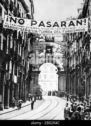 Der spanische Bürgerkrieg wurde vom 17. Juli 1936 bis 1. April 1939 zwischen den Republikanern, die loyal zur demokratisch gewählten spanischen Republik waren, und den Nationalisten, einer Rebellengruppe unter der Führung von General Francisco Franco, ausgetragen. Die Nationalisten setzten sich durch, und Franco regierte Spanien die nächsten 36 Jahre, von 1939 bis zu seinem Tod 1975. Die Nationalisten rückten aus ihren Festungen im Süden und Westen vor und nahmen 1937 den Großteil der Nordküste Spaniens ein. Sie belagerten Madrid und das Gebiet in Richtung Süden und Westen für einen Großteil des Krieges. Große Teile Kataloniens in den Jahren 1938 und 1939 erfasst, wird die W. Stockfoto