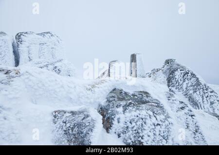 Der Gipfel trig Punkt des Corbett Ben Vrackie in der Nähe von Pitlochry Perthshire Schottland Stockfoto