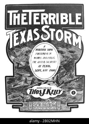 Der Hurrikan von 1900 machte am 8. September 1900 in der Stadt Galveston, Texas, in den Vereinigten Staaten Landfall. Sie hatte bei Landfall Windgeschwindigkeiten von 145 Meilen pro Stunde (233 km/h) geschätzt, was sie zu einem Sturm der Kategorie 4 auf der Saffir-Simpson-Hurrikan-Skala machte. Es war der tödlichste Hurrikan der US-Geschichte. Der Hurrikan verursachte mit der geschätzten Zahl der Todesopfer zwischen 6.000 und 12.000 Personen einen großen Verlust an Leben; die in offiziellen Berichten am meisten zitierte Zahl liegt bei 8.000, was dem Sturm nach dem Großen Hurrikan von 1780-98 Hurrica die dritthöchste Anzahl an Toten oder Verletzungen eines atlantischen Hurrikans bescherte Stockfoto