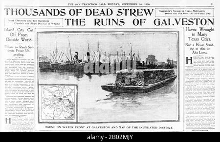 Der Hurrikan von 1900 machte am 8. September 1900 in der Stadt Galveston, Texas, in den Vereinigten Staaten Landfall. Sie hatte bei Landfall Windgeschwindigkeiten von 145 Meilen pro Stunde (233 km/h) geschätzt, was sie zu einem Sturm der Kategorie 4 auf der Saffir-Simpson-Hurrikan-Skala machte. Es war der tödlichste Hurrikan der US-Geschichte. Der Hurrikan verursachte mit der geschätzten Zahl der Todesopfer zwischen 6.000 und 12.000 Personen einen großen Verlust an Leben; die in offiziellen Berichten am meisten zitierte Zahl liegt bei 8.000, was dem Sturm nach dem Großen Hurrikan von 1780-98 Hurrica die dritthöchste Anzahl an Toten oder Verletzungen eines atlantischen Hurrikans bescherte Stockfoto