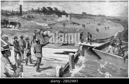 Der Hurrikan von 1900 machte am 8. September 1900 in der Stadt Galveston, Texas, in den Vereinigten Staaten Landfall. Sie hatte bei Landfall Windgeschwindigkeiten von 145 Meilen pro Stunde (233 km/h) geschätzt, was sie zu einem Sturm der Kategorie 4 auf der Saffir-Simpson-Hurrikan-Skala machte. Es war der tödlichste Hurrikan der US-Geschichte. Der Hurrikan verursachte mit der geschätzten Zahl der Todesopfer zwischen 6.000 und 12.000 Personen einen großen Verlust an Leben; die in offiziellen Berichten am meisten zitierte Zahl liegt bei 8.000, was dem Sturm nach dem Großen Hurrikan von 1780-98 Hurrica die dritthöchste Anzahl an Toten oder Verletzungen eines atlantischen Hurrikans bescherte Stockfoto