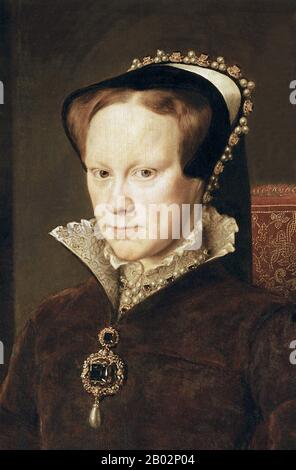 Mary I (18. Februar 1516 - 17. November 1558) war von Juli 1553 bis zu ihrem Tod Königin von England und Irland. Ihre Hinrichtungen der Protestanten veranlassten ihre Gegner, ihr die Nüchternheit "Blutige Maria" zu geben. Stockfoto