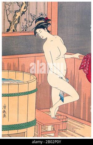 Torii Kiyonaga (鳥居 清長?, 1752 - 28. Juni 1815) war ein japanischer Ukiyo-e-Printer und Maler der Torii-Schule. Ursprünglich hatte Sekiguchi Shinsuke, der Sohn eines Edo-Buchhändlers, Torii Kiyonaga als Kunstnamen (gō) übernommen. Obwohl er nicht biologisch mit der Familie Torii verwandt ist, wurde er nach dem Tod seines Adoptivvaters und Lehrers Torii Kiyomitsu Gruppenleiter. Der Meister Kiyomitsu starb im Jahr 1785-858; da sein Sohn jung starb und Kiyotsune, Kiyonagas Senior, ein weniger vielversprechender Künstler war, war Kiyonaga die offensichtliche Wahl, Kiyomitsu als Nachfolger der Leitung der Torii-Schule zu führen. Er del jedoch Stockfoto