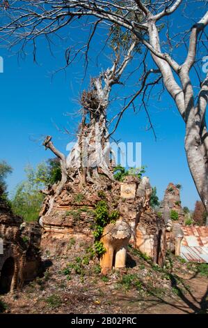 Die Shwe Indein Pagode ist eine Sammlung buddhistischer Stupas aus dem 17. Und 18. Jahrhundert. Der Inle Lake ist ein Süßwassersee, der in der Nyaungshwe Township des Taunggyi Distrikts Shan State, einem Teil der Shan Hills in Myanmar (Birma), liegt. Er ist der zweitgrößte See in Myanmar mit einer geschätzten Fläche von 44,9 Quadratmeilen (116 km2) und einer der höchsten mit einer Höhe von 2.900 Fuß (880 m). Die etwa 70.000 Einwohner des Inle Lake (Intha genannt) leben in vier an den See grenzenden Städten, in zahlreichen kleinen Dörfern am Ufer des Sees und am See selbst. Das gesamte Stockfoto