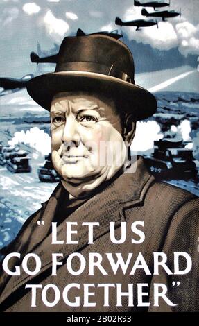 Sir Winston Leonards Spencer-Churchill, KG, OM, CH, TD, DL, FRS, RA (30. November 1874 - 24. Januar 1965) war ein britischer Politiker, der von 1940 bis 1945 und erneut von 1951 bis 1955 Premierminister des Vereinigten Königreichs war. Churchill wurde weithin als einer der größten Kriegsführer des 20. Jahrhunderts angesehen und war auch Offizier in der British Army, Historiker, Schriftsteller (als Winston S. Churchill) und Künstler. Er gewann den Nobelpreis für Literatur und war der erste, der zum Ehrenbürger der Vereinigten Staaten ernannt wurde. Stockfoto