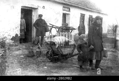 Der Holodomor war eine vom Menschen gemachte Hungersnot in der ukrainischen Sozialistischen Sowjetrepublik in den Jahren 1932 und 1933, bei der schätzungsweise 2,5-7,5 Millionen Ukrainer getötet wurden, wobei Millionen mehr in demographischen Schätzungen gezählt wurden. Es war Teil der größeren Katastrophe, der sowjetischen Hungersnot von 1932-33, die die großen Getreideanbaugebiete des Landes betraf. Während des Holodomors starben Millionen von Bürgern der ukrainischen SSR, von denen die Mehrheit ethnische Ukrainer waren, in einer in der Geschichte der Ukraine beispiellosen Friedenskatastrophe am Hunger. Seit 2006 ist der Holodomor von der unabhängigen Ukraine anerkannt Stockfoto