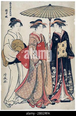 Torii Kiyonaga (鳥居 清長, 1752 - 28. Juni 1815) war ein japanischer Ukiyo-e-Printer und Maler der Torii-Schule. Ursprünglich hatte Sekiguchi Shinsuke, der Sohn eines Edo-Buchhändlers, Torii Kiyonaga als Kunstnamen (gō) übernommen. Obwohl er nicht biologisch mit der Familie Torii verwandt ist, wurde er nach dem Tod seines Adoptivvaters und Lehrers Torii Kiyomitsu Gruppenleiter. Der Meister Kiyomitsu starb im Jahr 1785-858; da sein Sohn jung starb und Kiyotsune, Kiyonagas Senior, ein weniger vielversprechender Künstler war, war Kiyonaga die offensichtliche Wahl, Kiyomitsu als Nachfolger der Leitung der Torii-Schule zu führen. Er dela jedoch Stockfoto