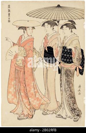 Torii Kiyonaga (鳥居 清長, 1752 - 28. Juni 1815) war ein japanischer Ukiyo-e-Printer und Maler der Torii-Schule. Ursprünglich hatte Sekiguchi Shinsuke, der Sohn eines Edo-Buchhändlers, Torii Kiyonaga als Kunstnamen (gō) übernommen. Obwohl er nicht biologisch mit der Familie Torii verwandt ist, wurde er nach dem Tod seines Adoptivvaters und Lehrers Torii Kiyomitsu Gruppenleiter. Der Meister Kiyomitsu starb im Jahr 1785-858; da sein Sohn jung starb und Kiyotsune, Kiyonagas Senior, ein weniger vielversprechender Künstler war, war Kiyonaga die offensichtliche Wahl, Kiyomitsu als Nachfolger der Leitung der Torii-Schule zu führen. Er dela jedoch Stockfoto