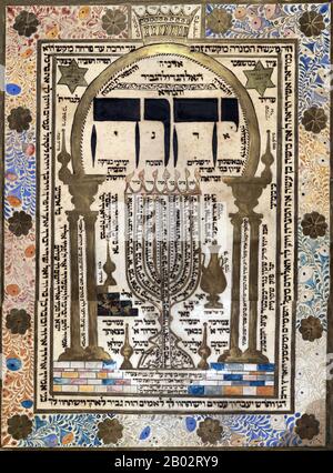 Shiviti sind meditative Darstellungen eines Menorah-Kerzenleuchters, der in einigen jüdischen Gemeinden zur Kontemplation über Gottes Namen verwendet wird. Sie werden normalerweise über dem Amud platziert - das Podium, von dem aus der Gottesdienst vom Hazzan geleitet wird. Stockfoto