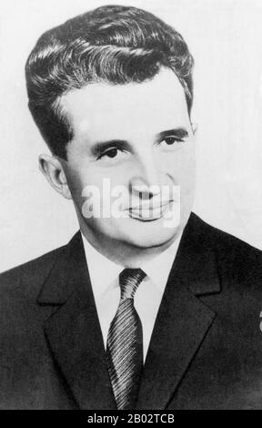 Nicolae Ceausescu (26. Januar 1918 - 25. Dezember 1989) war ein rumänischer kommunistischer Politiker. Er war von 1965 bis 1989 Generalsekretär der Kommunistischen Partei Rumäniens und damit der zweite und letzte kommunistische Führer des Landes. Außerdem war er von 1967 bis 1989 Landeshauptmann. Ceausescu besuchte 1971 China, Nordkorea, die mongolische Volksrepublik und Nordvietnamesen. Er nahm großes Interesse an der Idee einer totalen nationalen Transformation, wie sie in den Programmen von Nordkoreas Juche und Chinas Kulturrevolution zum Ausdruck kam. Inspiriert wurde er auch von den Persönlichkeitskulten von North Kore Stockfoto