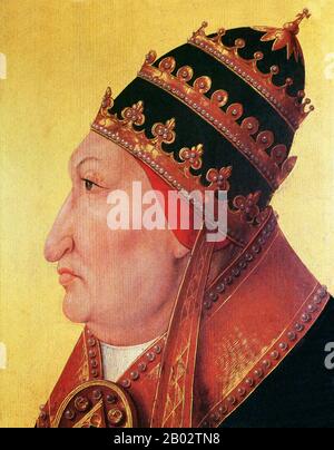Papst Alexander VI., geborene Roderic Llançol i. de Borja (1. Januar 1431 - 18. August 1503), war vom 11. August 1492 bis zu seinem Tod Papst. Er ist der umstrittenste der Renaissance-Päpste, weil er das priesterliche Gelübde des Zölibats brach und mehrere legitim anerkannte Kinder hatte. Daher wurde sein italianisierter valencianischer Familienname Borgia zum Schlagwort für Libertinismus und Vetternwirtschaft, die traditionell als Charakterisierung seines Pontifikats gelten. Zwei der Nachfolger Alexanders, Sixtus V. und Urban VIII., bezeichneten ihn jedoch als einen der herausragendsten Päpste seit St. Peter. Stockfoto
