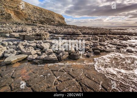 Nash Point Coastline Kalksteinpflaster Felsformationen Geologie geologische Formationen, Fossilien, Felsenpools, glamorgan Heritage Coast South wales UK gb Stockfoto