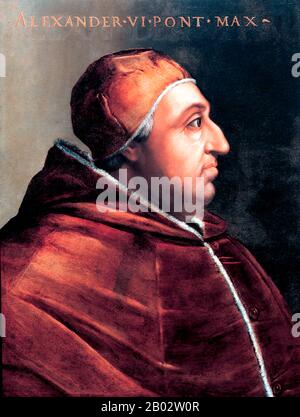 Papst Alexander VI., geborene Roderic Llançol i. de Borja (1. Januar 1431 - 18. August 1503), war vom 11. August 1492 bis zu seinem Tod Papst. Er ist der umstrittenste der Renaissance-Päpste, weil er das priesterliche Gelübde des Zölibats brach und mehrere legitim anerkannte Kinder hatte. Daher wurde sein italianisierter valencianischer Familienname Borgia zum Schlagwort für Libertinismus und Vetternwirtschaft, die traditionell als Charakterisierung seines Pontifikats gelten. Zwei der Nachfolger Alexanders, Sixtus V. und Urban VIII., bezeichneten ihn jedoch als einen der herausragendsten Päpste seit St. Peter. Stockfoto