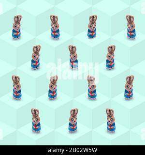 Osterhase auf einem blockierten Würfelhintergrund, Schokoladenösterbündchen, Konzept, Bildschirm, Postkarte, Tapete, frisch und fröhlich, Muster, Kachelhintergrund, Stockfoto