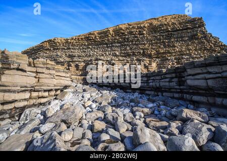 Nash Point Coastline Kalksteinpflaster Felsformationen Geologie geologische Formationen, Fossilien, Felsenpools, glamorgan Heritage Coast South wales UK gb Stockfoto