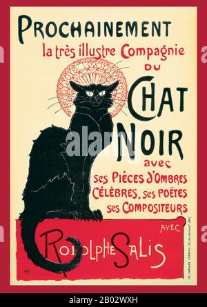Le Chat Noir (französisch für "Die schwarze Katze") war eine Unterhaltungseinrichtung aus dem 19. Jahrhundert im Pariser Viertel Montmartre. Es wurde am 18. November 1881 am Boulevard Rochechouart 84 vom Impresario Rodolphe Salis eröffnet und im Jahre 1897 nicht lange nach Salis Tod geschlossen (viel zur Enttäuschung Picassos und anderer, die es suchten, als sie 1900 nach Paris kamen). Le Chat Noir gilt als das erste moderne Kabarett: Ein Nachtclub, in dem die Gäste an Tischen saßen und alkoholische Getränke tranken, während sie von einer Variety Show auf der Bühne unterhalten werden. Die Taten waren es Stockfoto