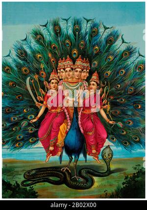 Kartikeya, auch als Skanda, Kumaran, Kumara Swami und Subramaniyan bekannt, ist der hinduistische kriegsgott. Er ist der Oberbefehlshaber der Armee der Devas (Götter) und der Sohn von Shiva und Parvati. Murugan wird oft als "Tamil Kadavul" (was 'Gott der Tamilen' bedeutet) bezeichnet und vor allem in Gebieten mit tamilischen Einflüssen verehrt, insbesondere in Südindien, Sri Lanka, Mauritius, Indonesien, Malaysia, Singapur und Reunionsinsel. Seine sechs wichtigsten Schreine in Indien sind die Arupadaivedu-Tempel in Tamil Nadu. In Sri Lanka ist der heilige historische Kallur Kandaswamy Tempel in Jaffna und Katarag Stockfoto