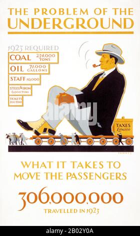 England/Großbritannien: „The Problem of the Underground - What it takes to move the Passengers“, von Irene Fawkes, Underground Electric Railway Company, London, 1924The London Underground (auch bekannt als The Tube oder einfach The Underground) Ist ein öffentliches Nahverkehrssystem, das einen großen Teil des Großraums London und Teile der Heimatbezirke Buckinghamshire, Hertfordshire und Essex bedient. Das System bedient 270 Stationen und verfügt über 402 Kilometer (250 Meilen) Strecke, von denen 52% über dem Boden liegen. Das Streckennetz ist das älteste S-Bahn-System mit der weltweit ersten U-Bahn, die 1863 eröffnet wurde Stockfoto