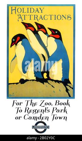 England / Großbritannien: 'Ferienattraktionen - für den Zoo, Buchen Sie Regent's Park oder Camden Town', von Charles Paine (1895 - 1967), Underground Electric Railway Company, London, 1921The London Underground (also known as the Tube or Simply the Underground) Ist ein öffentliches Nahverkehrssystem, das einen großen Teil des Großraums London und Teile der Heimatbezirke Buckinghamshire, Hertfordshire und Essex bedient. Das System bedient 270 Stationen und verfügt über 402 Kilometer (250 Meilen) Strecke, von denen 52% über dem Boden liegen. Das Streckennetz ist das älteste S-Bahn-System mit der weltweit ersten U-Bahn. Stockfoto