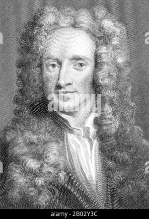 Sir Isaac Newton PRS MP (25. Dezember 1642 - 20. März 1726) war ein englischer Physiker und Mathematikhistoriker (an seinem Tag als "Naturphilologe" beschrieben), der weithin als einer der einflussreichsten Wissenschaftler aller Zeiten und als Schlüsselfigur der wissenschaftlichen Revolution anerkannt ist. Sein 1687 erstmals veröffentlichtes Buch "Philosophiae Naturalis Principia Mathematica" ('Mathematische Prinzipien der Naturphilologie') legte den Grundstein für die klassische Mechanik. Newton leistete bahnbrechende Beiträge zur Optik, und er teilt sich das Verdienst von "Gottfrieds" für die Entwicklung von Kalkülen. Stockfoto
