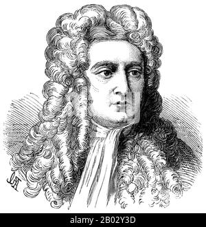 Sir Isaac Newton PRS MP (25. Dezember 1642 - 20. März 1726) war ein englischer Physiker und Mathematikhistoriker (an seinem Tag als "Naturphilologe" beschrieben), der weithin als einer der einflussreichsten Wissenschaftler aller Zeiten und als Schlüsselfigur der wissenschaftlichen Revolution anerkannt ist. Sein 1687 erstmals veröffentlichtes Buch "Philosophiae Naturalis Principia Mathematica" ('Mathematische Prinzipien der Naturphilologie') legte den Grundstein für die klassische Mechanik. Newton leistete bahnbrechende Beiträge zur Optik, und er teilt sich das Verdienst von "Gottfrieds" für die Entwicklung von Kalkülen. Stockfoto