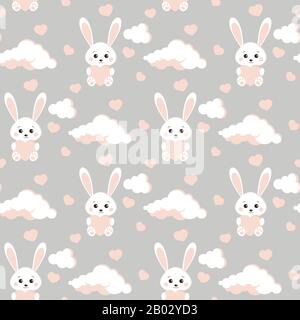 Vektor nahtloses Muster mit süßem und niedlichem, buntem weißen Kaninchen, Wolken, rosafarbenen Herzen. Stock Vektor
