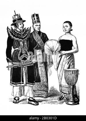 Von 1861 bis 1890 veröffentlichte die Münchner Verlagsgesellschaft von Braun und Schneider Platten historischer und zeitgenössischer Tracht in ihrer Zeitschrift Munchener Bilderbogen. Diese Platten wurden schließlich in Buchform gesammelt und um die Jahrhundertwende in Deutschland und England veröffentlicht. Stockfoto
