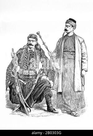 Von 1861 bis 1890 veröffentlichte die Münchner Verlagsgesellschaft von Braun und Schneider Platten historischer und zeitgenössischer Tracht in ihrer Zeitschrift Munchener Bilderbogen. Diese Platten wurden schließlich in Buchform gesammelt und um die Jahrhundertwende in Deutschland und England veröffentlicht. Stockfoto