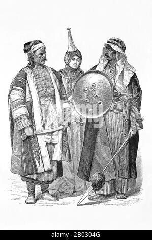 Von 1861 bis 1890 veröffentlichte die Münchner Verlagsgesellschaft von Braun und Schneider Platten historischer und zeitgenössischer Tracht in ihrer Zeitschrift Munchener Bilderbogen. Diese Platten wurden schließlich in Buchform gesammelt und um die Jahrhundertwende in Deutschland und England veröffentlicht. Stockfoto