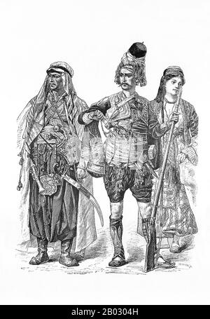 Von 1861 bis 1890 veröffentlichte die Münchner Verlagsgesellschaft von Braun und Schneider Platten historischer und zeitgenössischer Tracht in ihrer Zeitschrift Munchener Bilderbogen. Diese Platten wurden schließlich in Buchform gesammelt und um die Jahrhundertwende in Deutschland und England veröffentlicht. Stockfoto