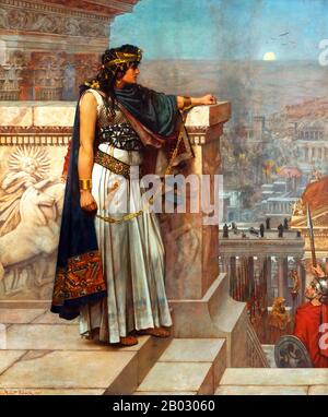 Zenobia (Julia Aurelia Zenobia Cleopatra) (240 - ca. 274 CE) war eine syrische Königin des Palmyrenreiches aus dem 3. Jahrhundert, die eine berühmte Revolte gegen das Römische Reich führte. Zenobia, die zweite Frau von König Septimius Odaenathus, wurde nach Odaenathus Tod 267 Königin des Palmyrenreiches. Um 269 hatte Zenobia das Reich erweitert, Ägypten erobert und den römischen Präfekten Tenagino Probus vertrieben, der enthauptet wurde, nachdem er einen Versuch zur Rückeroberung des Gebietes führte. Sie herrschte bis 274 über Ägypten, als sie von Kaiser Aurelian besiegt und als Geisel nach Rom gebracht wurde. Palmyra war ein altes c Stockfoto
