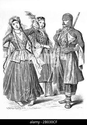Von 1861 bis 1890 veröffentlichte die Münchner Verlagsgesellschaft von Braun und Schneider Platten historischer und zeitgenössischer Tracht in ihrer Zeitschrift Munchener Bilderbogen. Diese Platten wurden schließlich in Buchform gesammelt und um die Jahrhundertwende in Deutschland und England veröffentlicht. Stockfoto