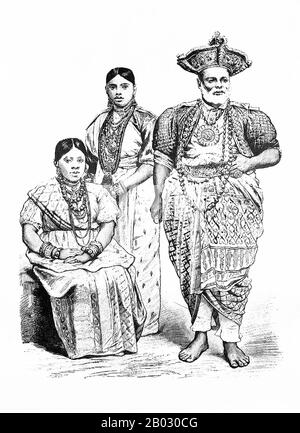 Von 1861 bis 1890 veröffentlichte die Münchner Verlagsgesellschaft von Braun und Schneider Platten historischer und zeitgenössischer Tracht in ihrer Zeitschrift Munchener Bilderbogen. Diese Platten wurden schließlich in Buchform gesammelt und um die Jahrhundertwende in Deutschland und England veröffentlicht. Stockfoto