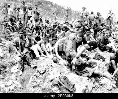 Die Schlacht von Okinawa, die als Operation Iceberg bezeichnet wurde, war eine Reihe von Gefechten, die auf den Ryukyu-Inseln, die sich auf der Insel Okinawa befanden, ausgetragen wurden und die den größten amphibischen Angriff im Pazifikkrieg umfasste.Die 82 Tage andauernde Schlacht dauerte vom 1. April bis zum 22. Juni 1945. Die Schlacht von Okinawa war bemerkenswert für die Wucht der Kämpfe, die Intensität der Kamikaze-Angriffe von den japanischen Verteidigern und die große Anzahl von alliierten Schiffen und gepanzerten Fahrzeugen, die die Insel Angriffen. Die Schlacht war eine der blutigsten im Pazifik. Stockfoto