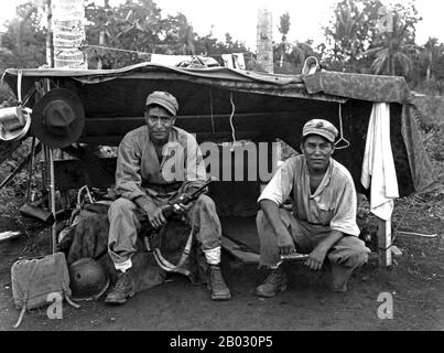 Codetalker sind Menschen im 20. Jahrhundert, die in Kriegszeiten obskure Sprachen als Mittel der geheimen Kommunikation verwendeten. Der Begriff wird heute in der Regel mit den Soldaten der Vereinigten Staaten während der Weltkriege in Verbindung gebracht, die ihr Wissen über amerikanische Sprachen als Grundlage für die Übermittlung von verschlüsselten Nachrichten verwendeten. Im United States Marine Corps gab es etwa 400-500 amerikanische Ureinwohner, deren Hauptaufgabe die Übertragung geheimer taktischer Nachrichten war. Codetalker übertrugen diese Nachrichten über militärische Telefon- oder Funkkommunikationsnetze mithilfe formeller oder informell entwickelter Codes, die u. Stockfoto