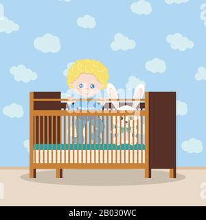 Fröhlicher Baby-Junge in blauer Schlafkleidung in der Holzkrippe mit weichem Spielzeug. Stock Vektor