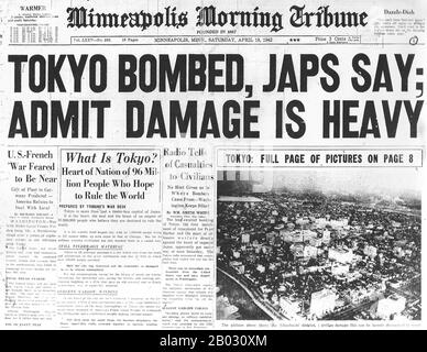 Der Doolittle Raid, auch bekannt als Tokioter Überfall, am 18. April 1942 war ein luftangriff der Vereinigten Staaten auf die japanische Hauptstadt Tokio und andere Orte auf der Honshu-Insel während des zweiten Weltkriegs, der erste luftangriff, der die japanischen Home Islands traf. Es zeigte, dass Japan selbst anfällig für amerikanischen Luftangriff war, diente als Vergeltung für den japanischen Angriff auf Pearl Harbor am 7. Dezember 1941 und sorgte für einen wichtigen Schub für die amerikanische Moral bei gleichzeitiger Beschädigung der japanischen Moral. Der überfall wurde von Oberstleutnant James Doolittle geplant und geleitet. Sechzehn US-Army Air Forces B-25B Mitchell Medium Stockfoto