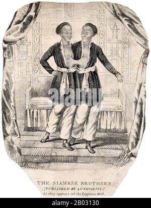 Chang und eng Bunker (* 11. Mai, † 17. Januar 1874) waren thailändisch-amerikanische Zwillingsbrüder, deren Zustand und Geburtsort die Grundlage für den Begriff "schiamesische Zwillinge" wurden. Die Bunkerbrüder wurden am 11. Mai im Königreich Siam (dem heutigen Thailand) in der Provinz Samut Songkram in der Nähe von Bangkok geboren. Ihr Fischervater war ein Chinesischai-Thailänder, während ihre Mutter Chinesisch-Malaysia war. Aufgrund ihres chinesischen Erbes wurden sie lokal als "Chinese Twins" bekannt. Die Brüder wurden am Sternum durch ein kleines Stück Knorpel verbunden, und obwohl ihre Leber verschmolzen war, waren sie wir Stockfoto